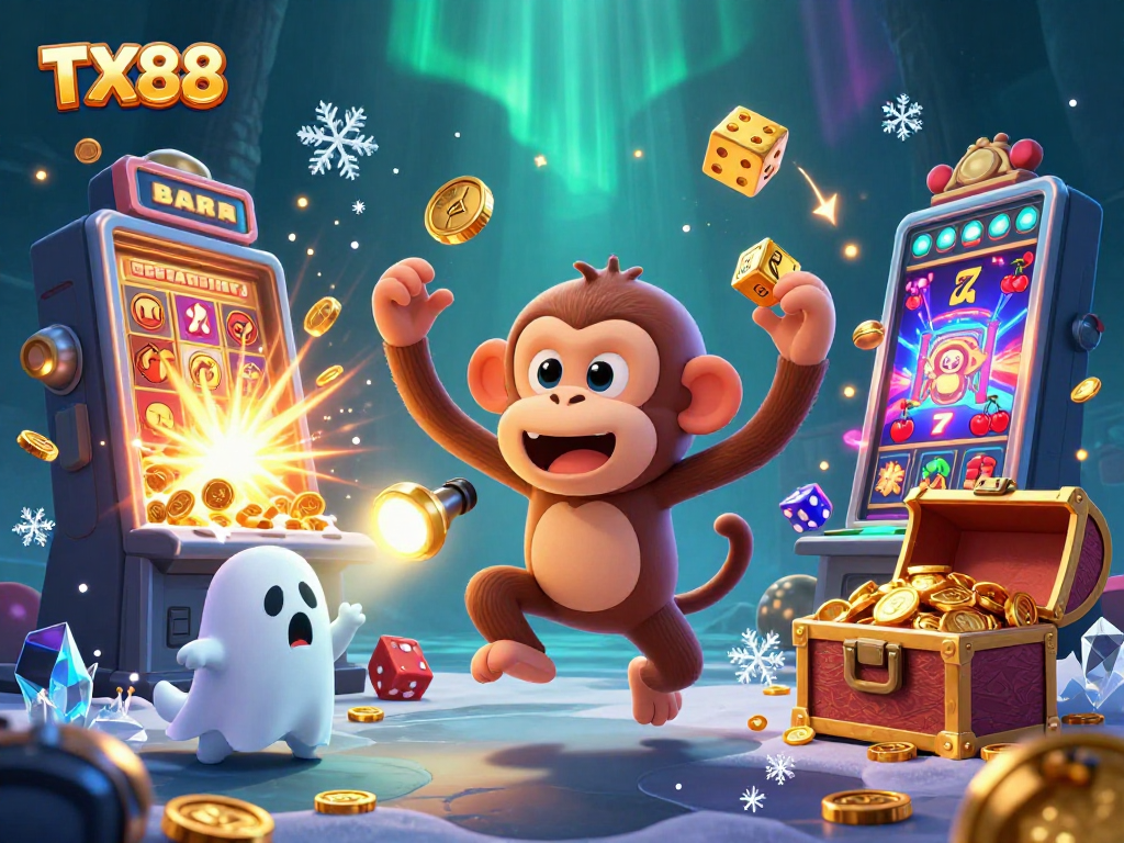 Experience the excitement of TX88 with a mischievous poltergeist monkey juggling coins in a lively casino scene.