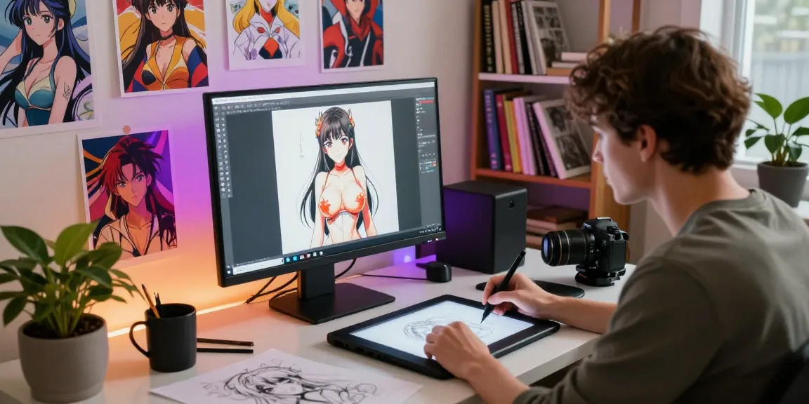 Artist creating vibrant ai hentai digital artwork in modern studio.