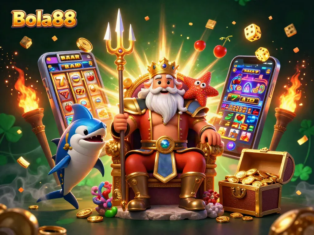 Bola88 players celebrate a jackpot win with Neptune and a swordfish samurai in a vibrant casino scene.