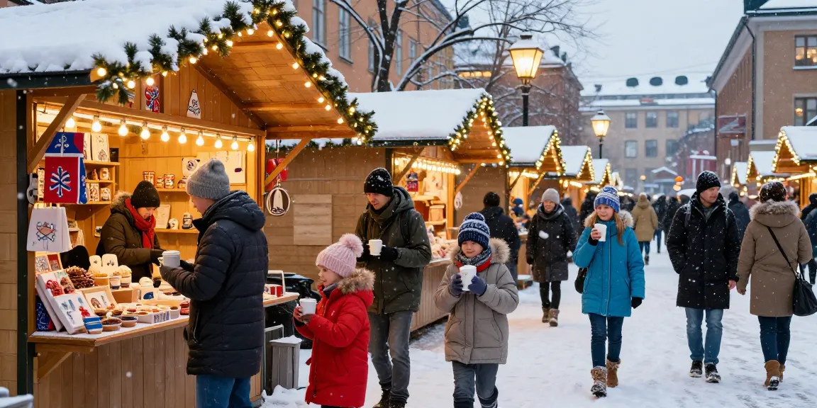 Besökare på julmarknad Stockholm njuter av traditionella svenska delikatesser och hantverk under festliga ljus.