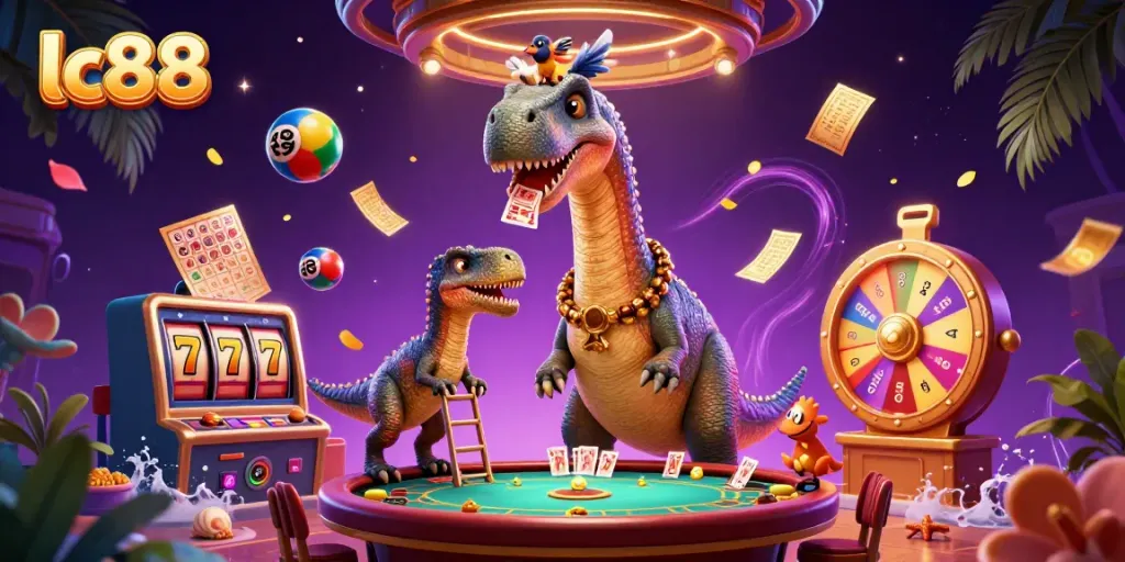 Experience the thrill of lc88 with vibrant lottery balls and a towering dinosaur in a lively casino scene.