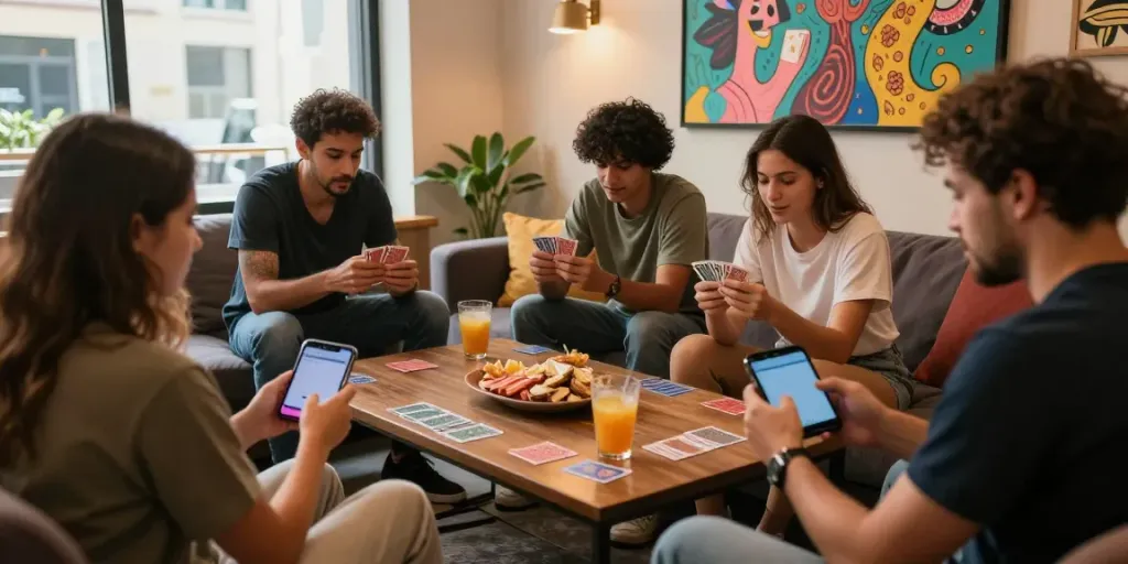 Friends enjoying gaming with rokok88 apk in trendy lounge setting.