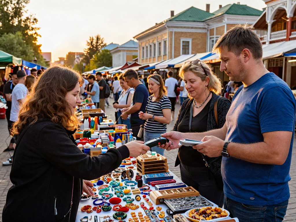 Compradores en un mercado en Rusia, usando https://payinrussia.com/ para pagos fáciles en un ambiente vibrante y cultural.