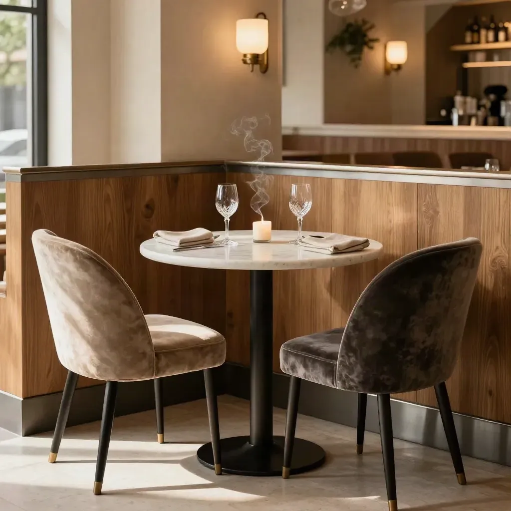 Tomt bord för två i varm restaurangmiljö med ljus, vinglas och sammetsstolar