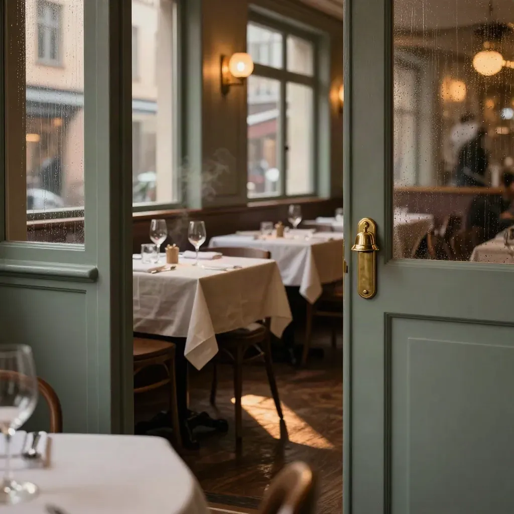 Tom bistro i Stockholm efter sommarregn, med dukade bord och varmt kvällsljus.