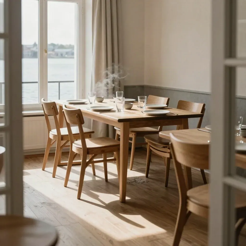 Solig lunchrestaurang i Göteborg med dukade bord och utsikt mot vattnet