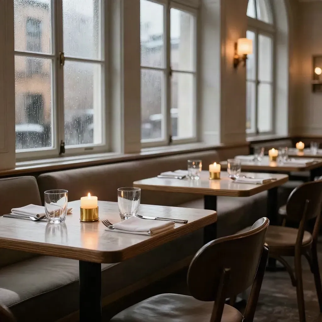 Tomt bistrobord i Stockholm med tända ljus, regnstänkta fönster och dukade glas.