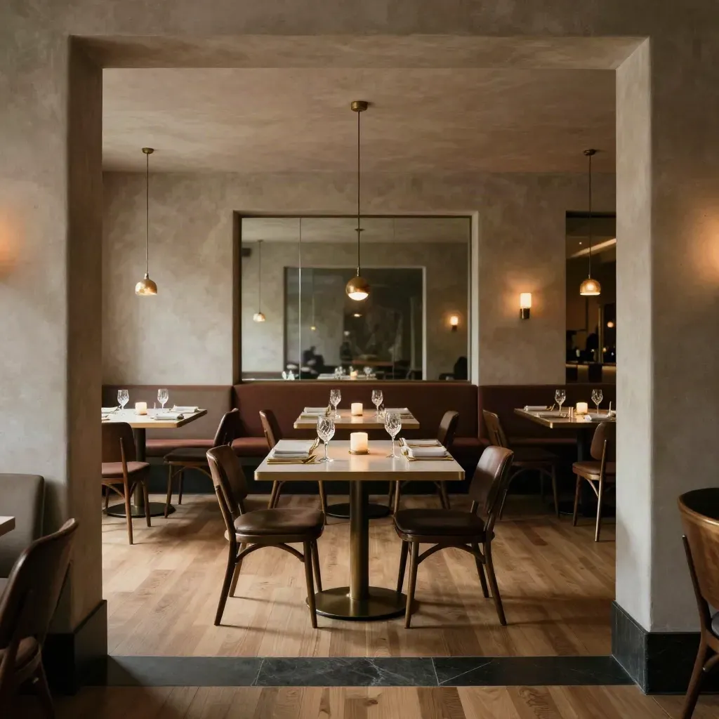 Tom restauranginteriör med flera matsalar, speglingar och dukade bord