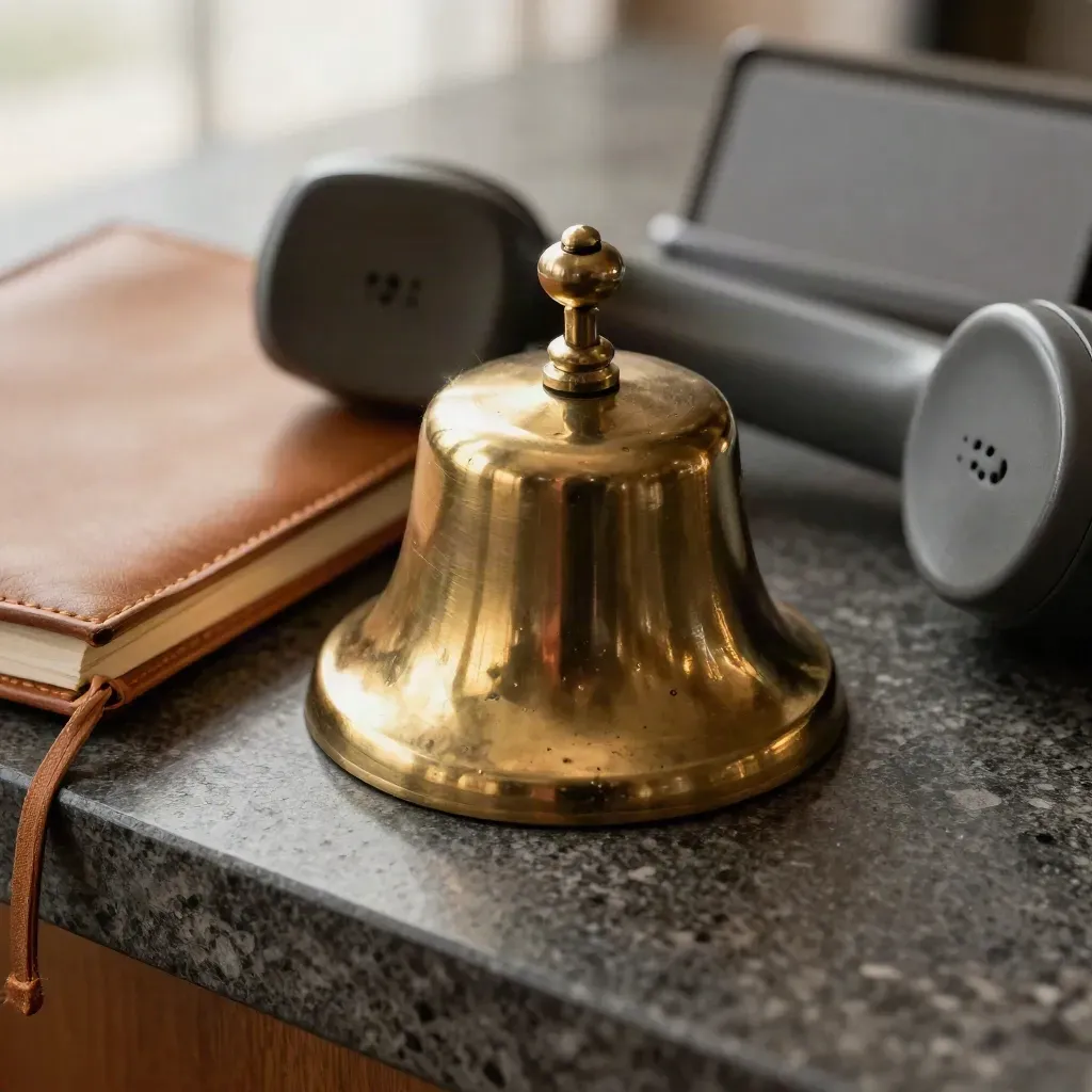 Brassklocka, läderanteckningsbok och telefonlur på mörk sten i varmt ljus.