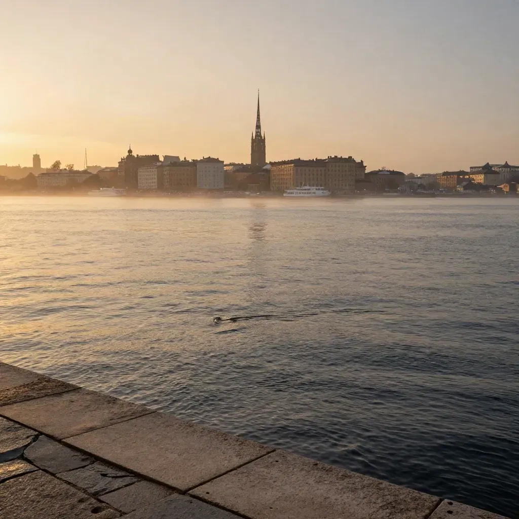 Stockholms vattenlinje i gyllene kvällsljus med dimma över vattnet och stadssiluetten högt upp.