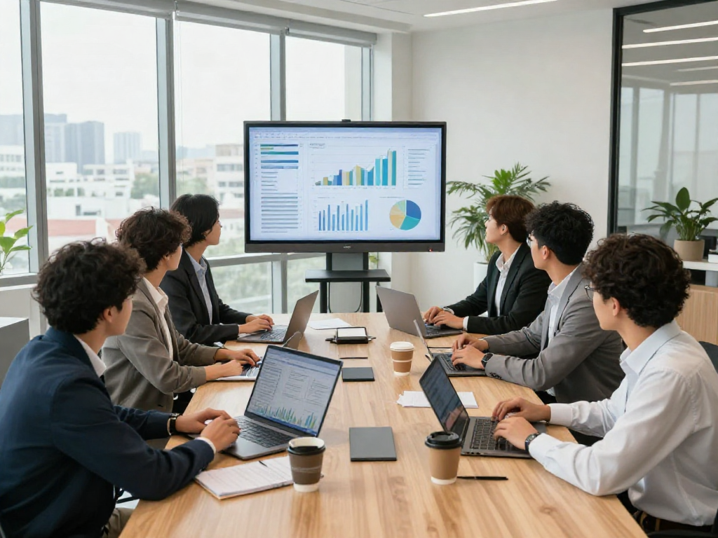 Företagslån diskussion i modern konferenslokal med team som analyserar data.