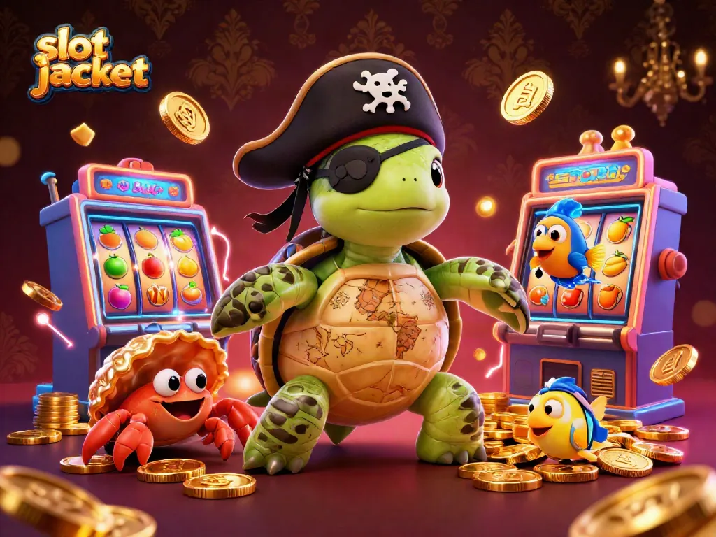 Win big with vibrant slot jackpot turtles and fruit symbols in a lively 3D casino scene.