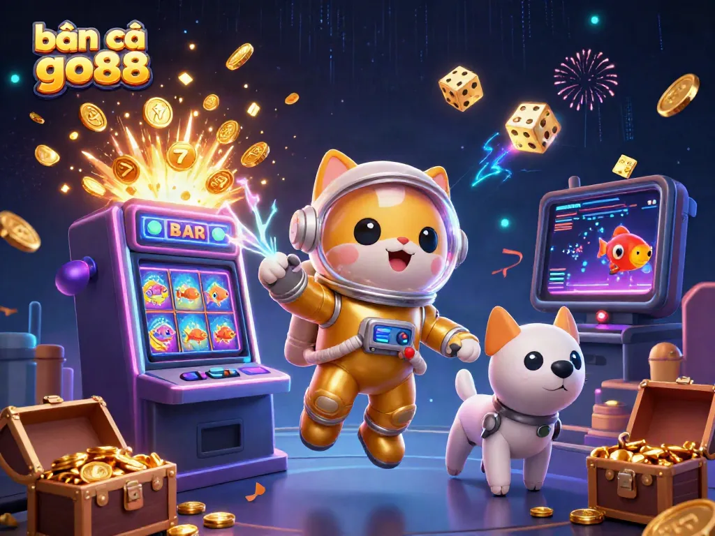 Experience bắn cá go88 with a vibrant 3D illustration of an astronaut cat, robot dog, and fish amidst a colorful casino scene.