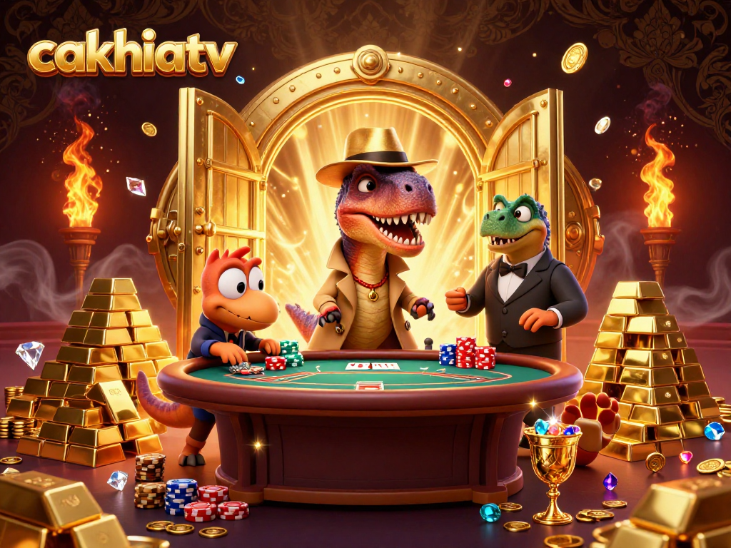 Engage with cakhiatv at a vibrant poker scene, featuring a disguised velociraptor and colorful treasures.
