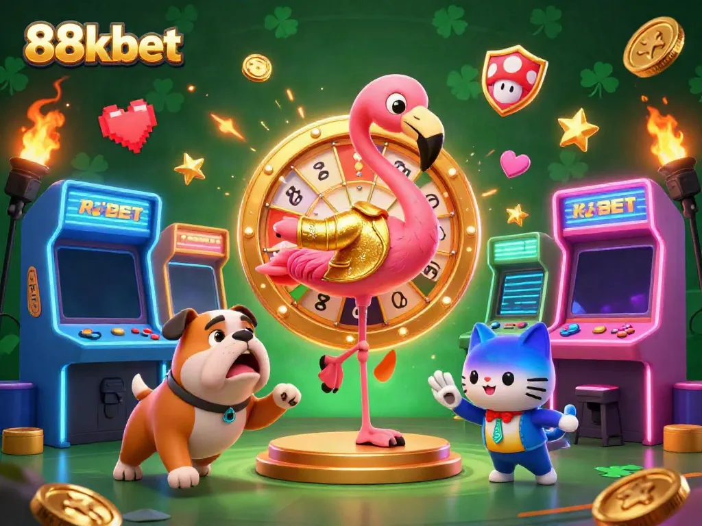 Engage in thrilling moments with 88kbet, featuring a game show host flamingo and bulldog contestant amid vibrant casino excitement.