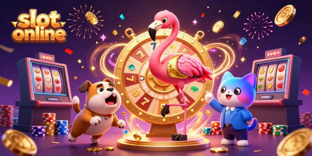 Spin to win in an exciting slot online scene with vibrant 3D characters and shimmering prizes.