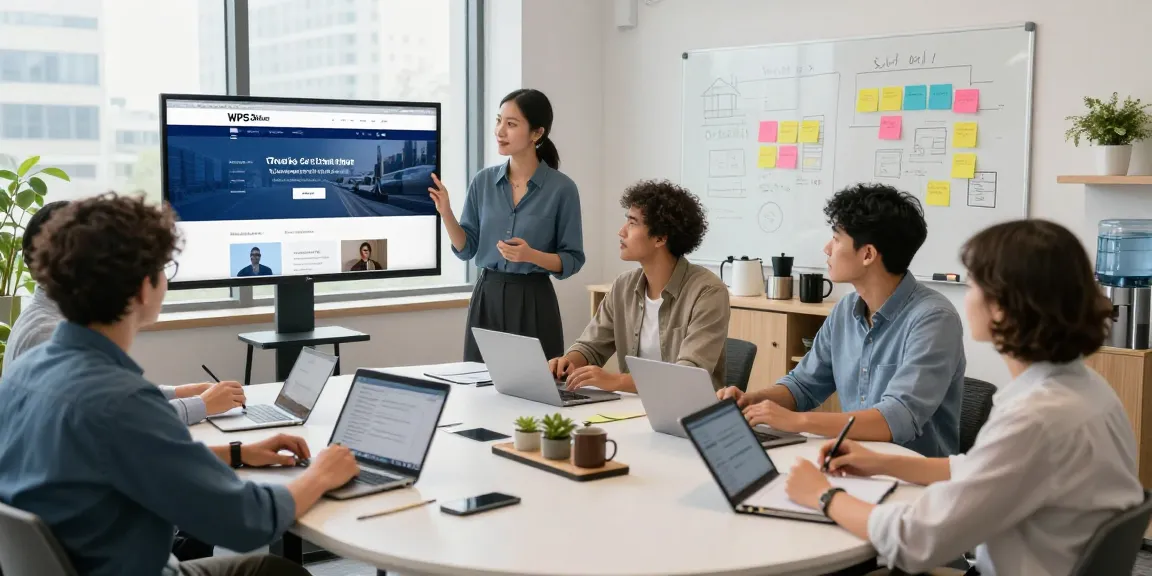 Team collaboration at the WPS Official Website presentation in a modern office.