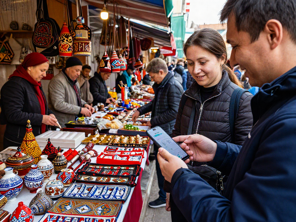 Viajeros utilizando https://payinrussia.com/ en un mercado ruso vibrante, disfrutando de la cultura local.