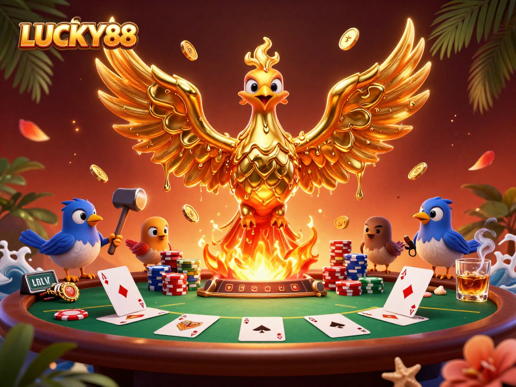 Win big with LUCKY88 in this vibrant 3D illustration of a casino scene featuring golden phoenix and poker elements.