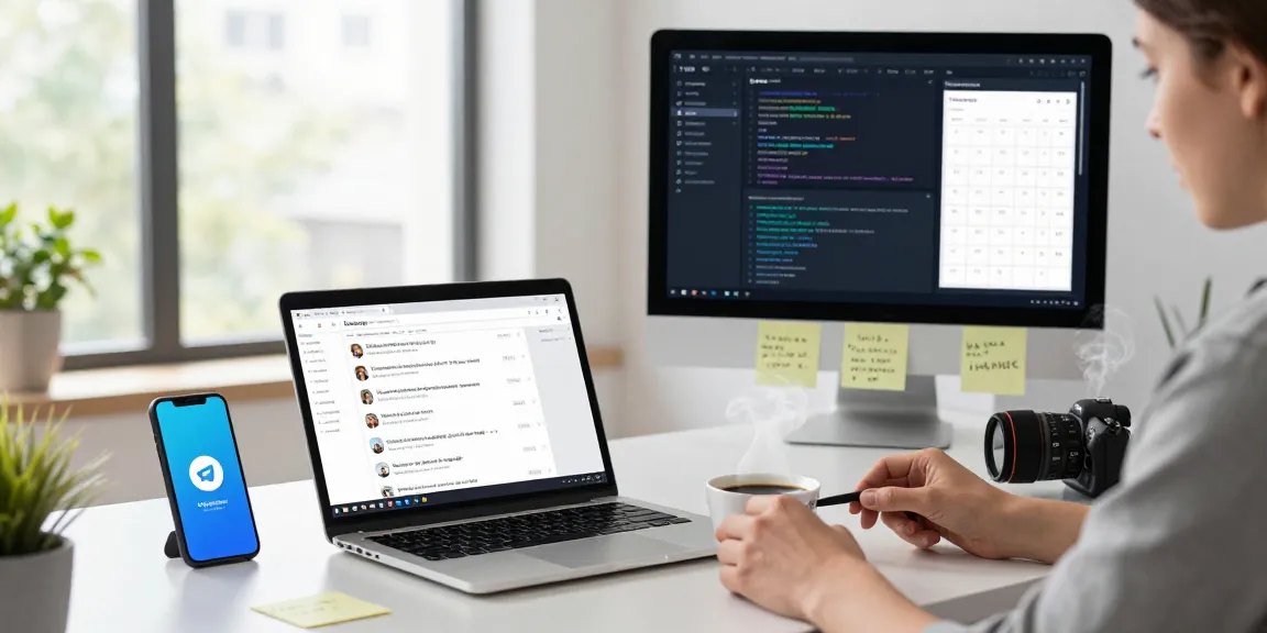 Engaging with Telegram web version on a laptop in a modern workspace.